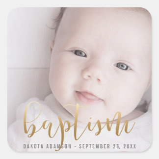 Custom Photo | Baptism Gold Calligraphy Square Sticker