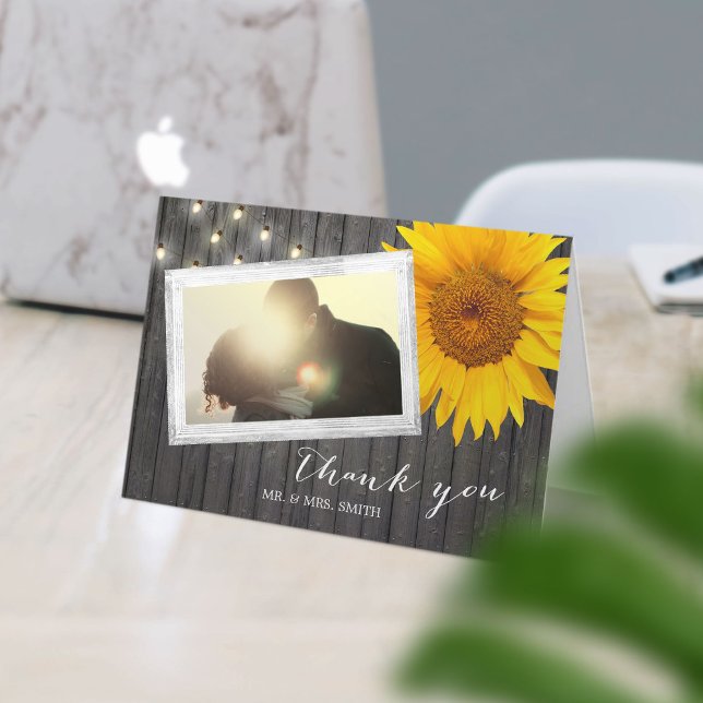 Custom Photo Barn Wood Sunflower Wedding Thank You Card (Creator Uploaded)