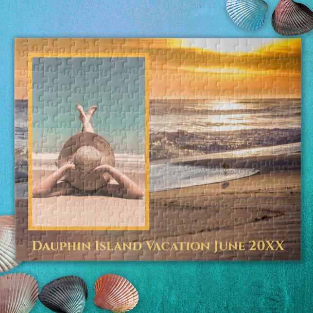 Custom Photo Beach Sunset Vacation Memories  Jigsaw Puzzle (Vacation Memory Beach Sunset with Family Photo Jigsaw Puzzle)