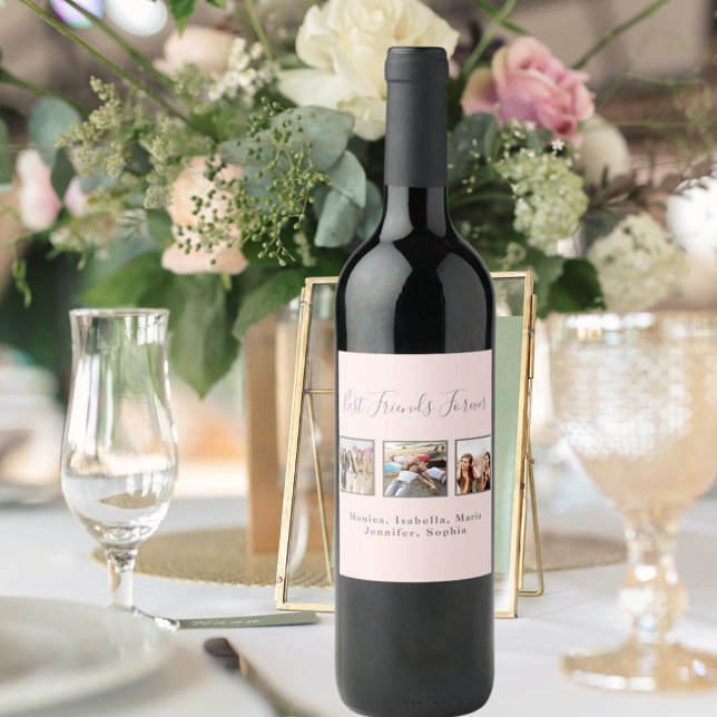 Custom photo best friends forever rose gold pink wine label (Creator Uploaded)