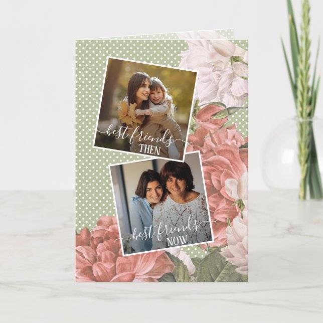 Custom Photo Best Friends Quote Spring Pink Floral Card (Front)