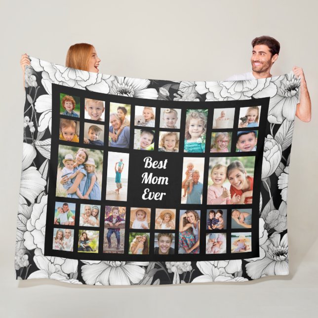Custom Photo Best Mum Ever Black White Flowers Fleece Blanket (In Situ)