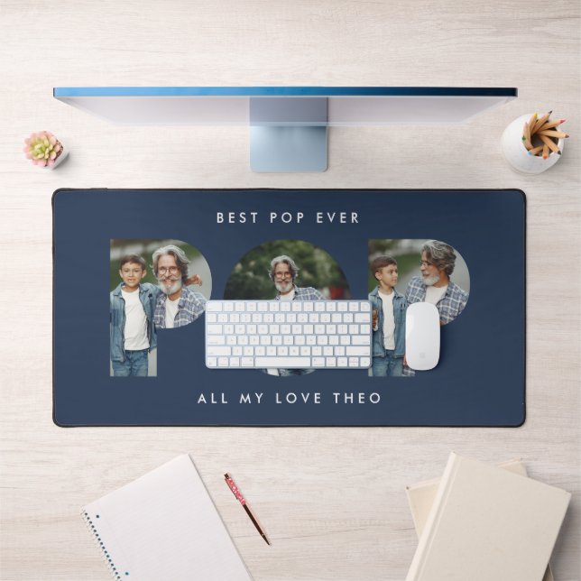 Custom Photo “Best Pop Ever” Navy Blue modern Desk Mat (Office 1)