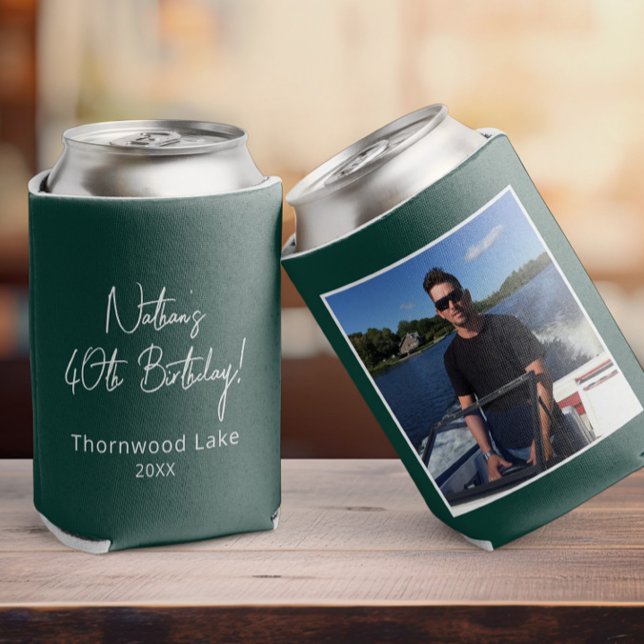 Custom Photo Birthday Party Favour Personalised Pi Can Cooler (hunter green birthday can cooler with a photo on it, other side shows custom text in a script font )
