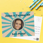 Custom Photo Birthday Party Invitation Retro Teal Postcard<br><div class="desc">Cool retro tan and teal photo birthday postcard invitation for an adult party. Customise with the honoree's photograph and personalise your party details on the back of the invite.</div>