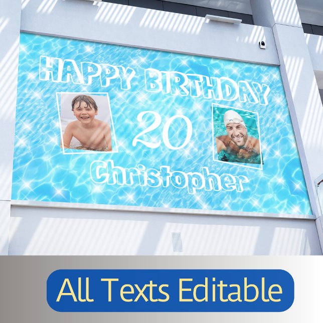 Custom Photo Birthday Pool Party Blue Water Ripple Banner (Creator Uploaded)
