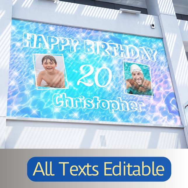 Custom photo Birthday pool party blue water ripple Banner (Creator Uploaded)