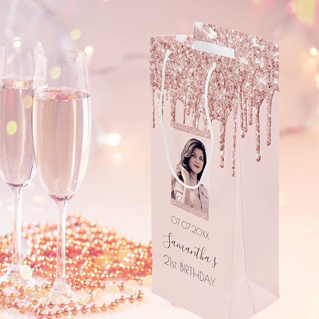 Custom photo birthday rose gold pink drips wine gift bag (Creator Uploaded)
