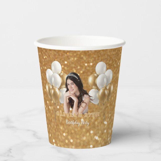 Custom Photo Birthday Set of 8 Paper Cups Gold (Front)