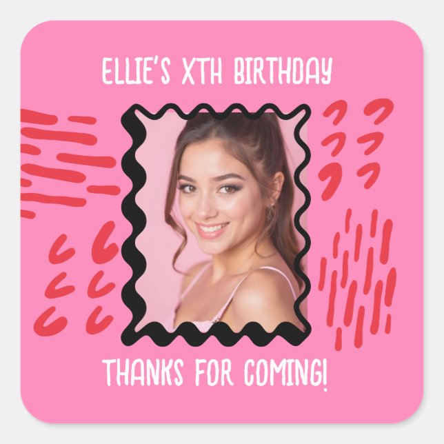 Custom Photo Birthday Sketchy Doodle Party Favours Square Sticker (Front)