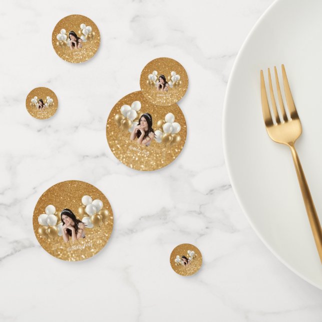 Custom Photo Birthday Table Confetti Gold & White (Group)