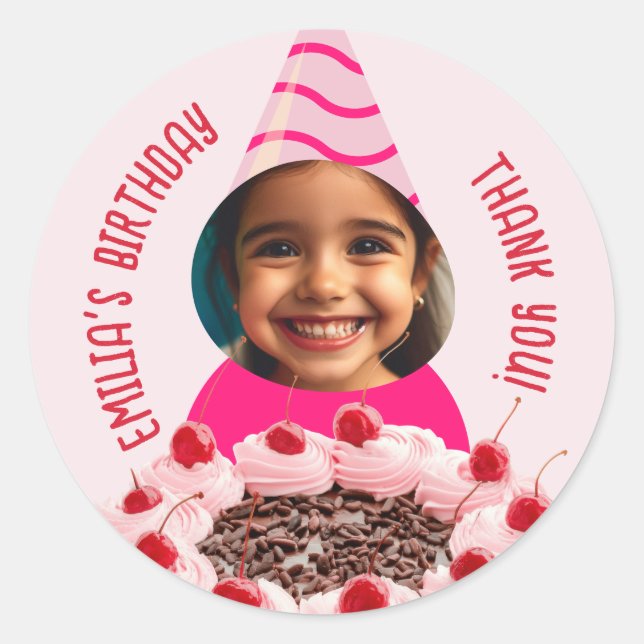 Custom Photo Birthday Thanks Party Hat Pink Cake Classic Round Sticker (Front)