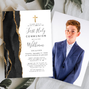 Custom Photo Black Agate Gold First Holy Communion Invitation