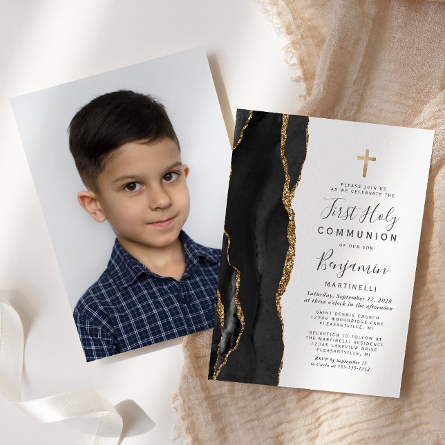 Custom Photo Black Agate Gold First Holy Communion Invitation (Creator Uploaded)