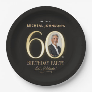 Custom Photo Black and Gold 60th Birthday Paper Plate