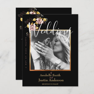 Custom Photo Black Floral Gold Script Wedding  Invitation