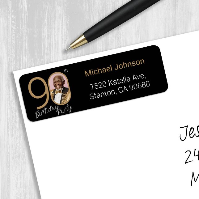 Custom Photo Black Gold 90th Birthday Address (Custom Photo Black Gold 90th Birthday Address Label)