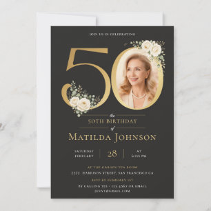 Custom Photo Black Gold Floral 50th Birthday Invitation