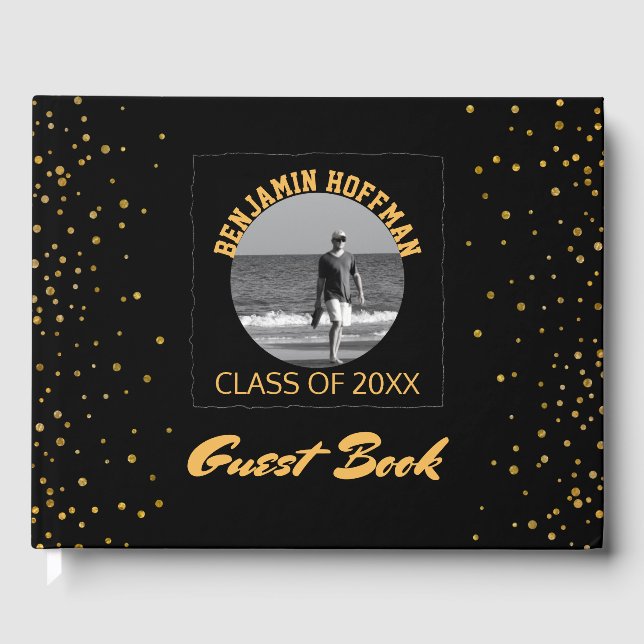 Custom Photo | Black Gold Graduation Party Guest Book (Front)