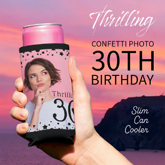 Custom Photo Black Pink Confetti 30th Birthday Seltzer Can Cooler