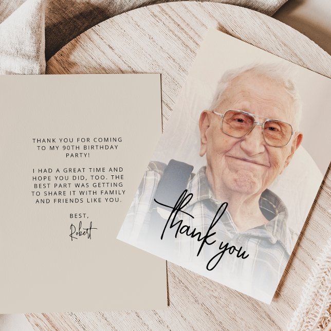 Custom Photo Black Script 90th Birthday Party Thank You Card (Creator Uploaded)