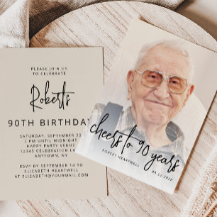 Custom Photo Black Script Cheers 90th Birthday Invitation