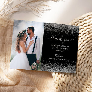 Custom Photo Black Silver Glitter Wedding Thank You Card