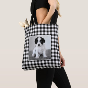 Custom Photo Black White Gingham Pattern Frame Tote Bag
