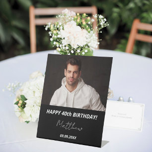 Custom photo black white guy 40th birthday pedestal sign