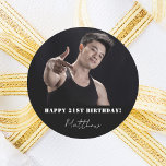Custom photo black white modern guy birthday classic round sticker<br><div class="desc">A tapestry for a  21st (or any age) birthday party for guys. An elegant modern black background. Personalise and add your own photo of the birthday boy/man.  The text: The name is white with a modern hand lettered style script. Tempates for a name,  age 21.</div>