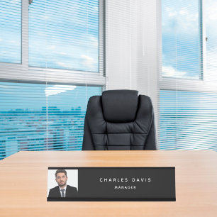 Custom photo black white monogram modern desk name plate