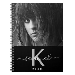 Custom photo black white monogram script notebook