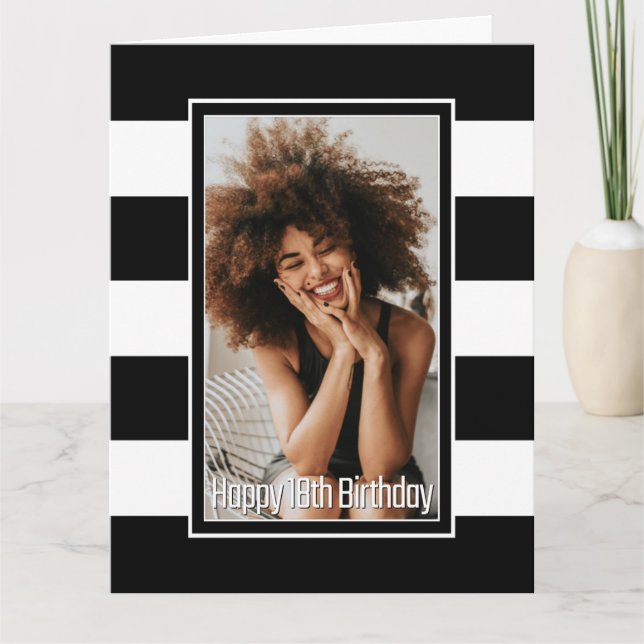 Custom Photo Black White Striped 18th Birthday Card (Front)