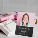 Custom photo black white Sweet 16 party welcome Pedestal Sign<br><div class="desc">A welcome sign for a Sweet 16 party.  Black background. Personalise and add your own high quality photo of the birthday girl. The text: The name in white with a modern hand lettered style script. Tempates for a name.</div>