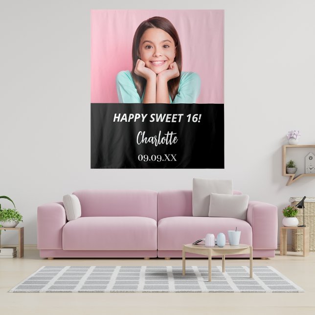 Custom photo black white Sweet 16 party welcome Tapestry (Creator Uploaded)