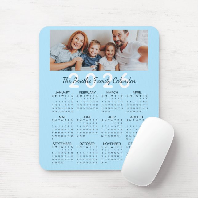 Custom Photo Blue 2026 Family Calendar Mouse Pad (With Mouse)