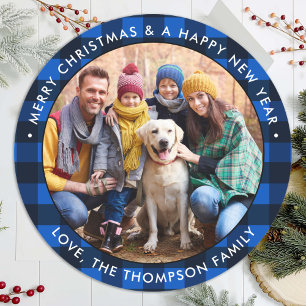 Custom Photo Blue Buffalo Plaid Merry Christmas Classic Round Sticker