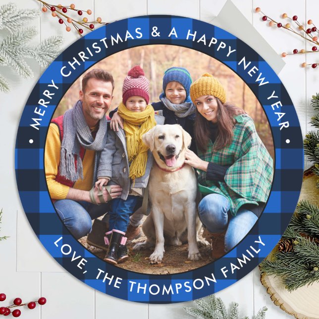 Custom Photo Blue Buffalo Plaid Merry Christmas Classic Round Sticker (Creator Uploaded)