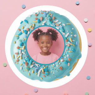 Custom Photo Blue Doughnut Sprinkles Birthday Part Classic Round Sticker
