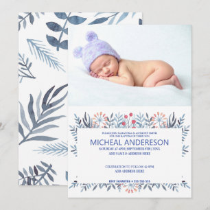 Custom Photo Blue Floral Baptism Invitation