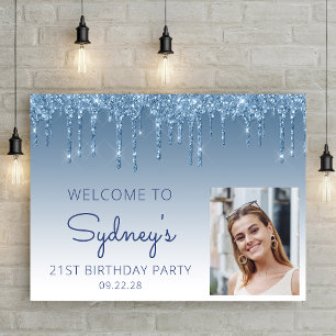 Custom Photo Blue Glitter 21st Birthday Welcome Poster