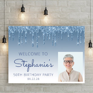 Custom Photo Blue Glitter 50th Birthday Welcome Poster