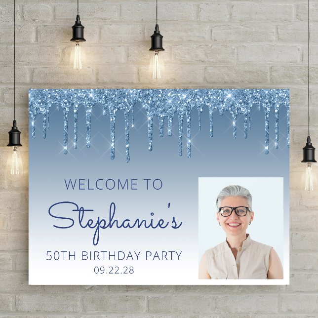 Custom Photo Blue Glitter 50th Birthday Welcome Poster (Creator Uploaded)