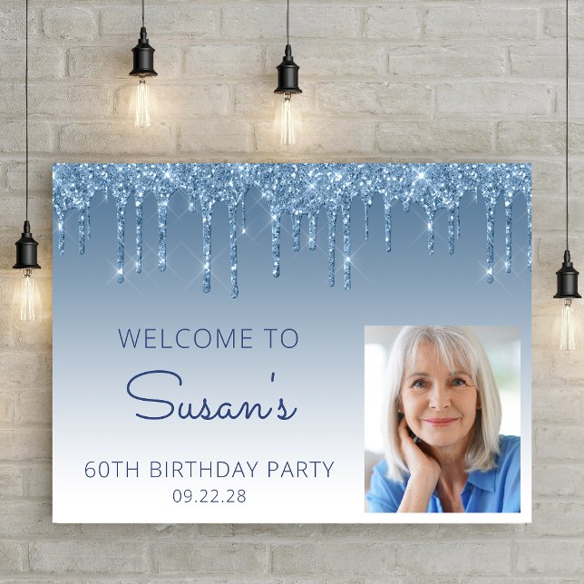 Custom Photo Blue Glitter 60th Birthday Welcome Poster (Creator Uploaded)