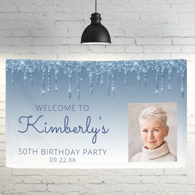 Custom Photo Blue Glitter Drip 50th Birthday Banner (Creator Uploaded)