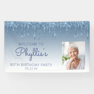 Custom Photo Blue Glitter Drip 80th Birthday Banner