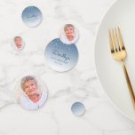 Custom Photo Blue Glitter Drip 90th Birthday Confetti<br><div class="desc">Make her 90th birthday party special with this custom photo confetti, featuring a blue dripping faux glitter design. Personalise the front of the large and medium pieces with her name in handwriting script, along with her birthday and the date below. On the back of all three sizes, replace the sample...</div>