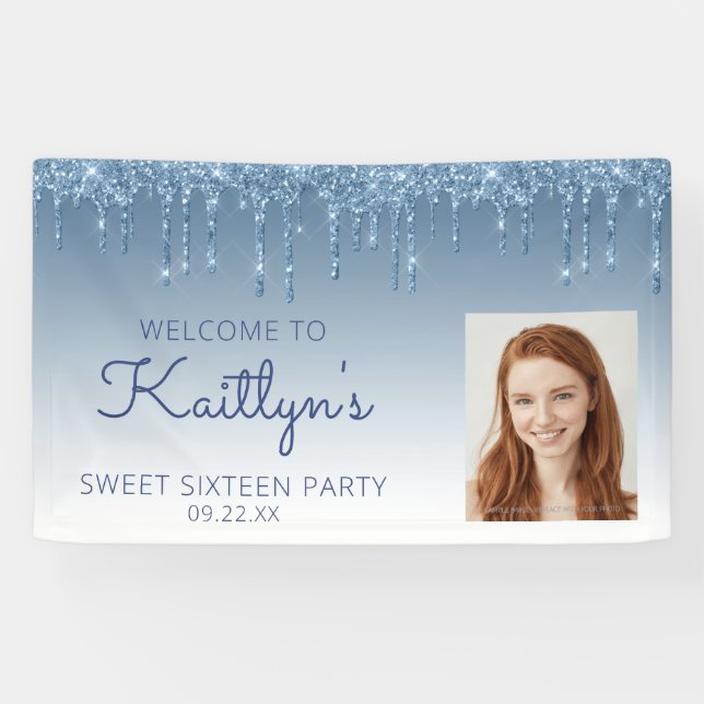 Custom Photo Blue Glitter Drip Sweet 16 Banner (Horizontal)