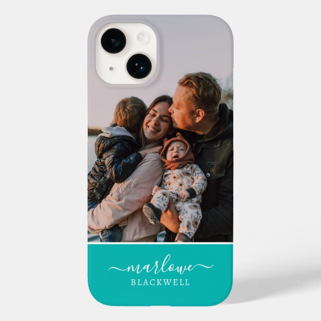 Custom Photo Blue Green Calligraphy Name Case-Mate iPhone Case (Back)