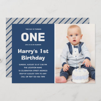 Custom Photo Blue Grey | Boy 1st Birthday Invitation
